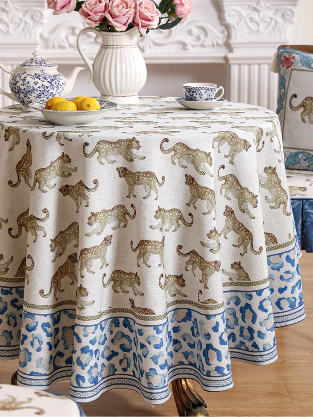 Patdrea Leopard Linen Round Tablecloth 67” Animal Print Dining Cover NWT